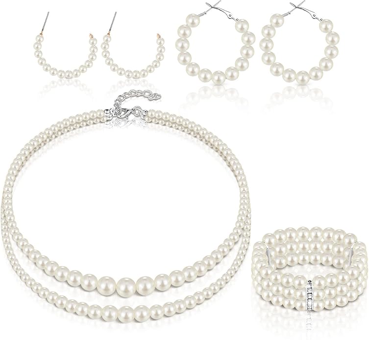 Glenmal Pearl Rhinestone Jewelry Set for Women Pearl Necklace Bracelet Earrings for Wedding Birthday Bridal Shower Tea Party