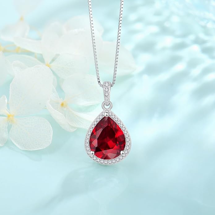 FJ Teardrop Pendant Necklace 925 Sterling Silver Birthstone Jewelry Gifts for Women