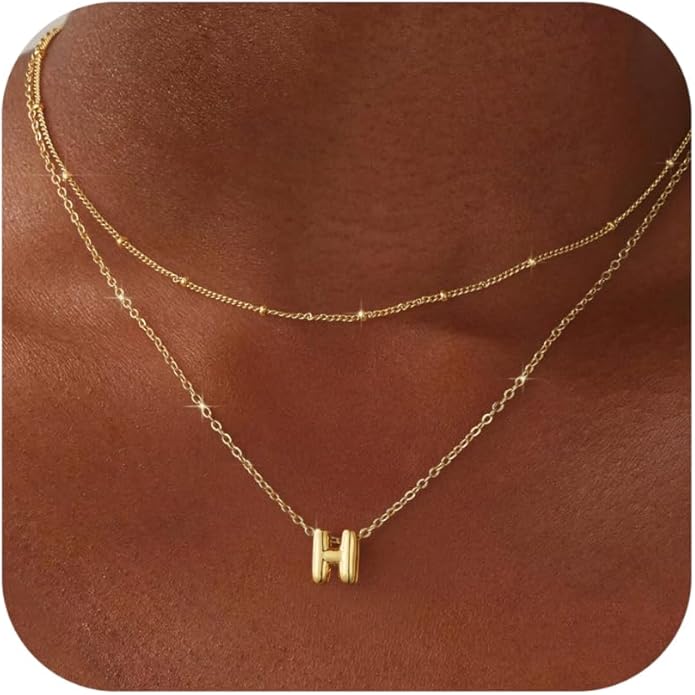 Valentines Day Gifts for Her - Bubble Letter Necklace Layered 14K Gold Plated Initial Necklaces for Women Dainty Cute Choker Pendant Stack Jewelry Fashion Accessories Teen Gift Trendy Stuff