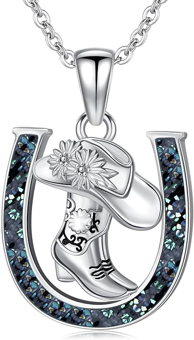 Western Cowboy Necklace 925 Sterling Silver Horseshoe Pendant Western Jewelry Cowgirl Gifts for Women Girlfriend Cowboy Cowgirl
