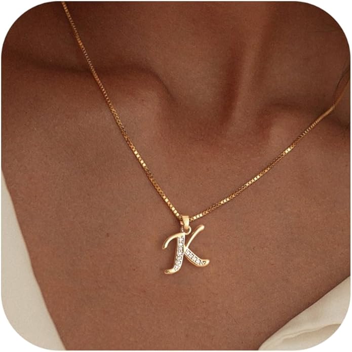 Initial Necklace for Women, 14K Gold Plated Box Chain Letter Pendant, Trendy Name Necklace, Dainty Personalized Jewelry Valentines Day Gift for Her
