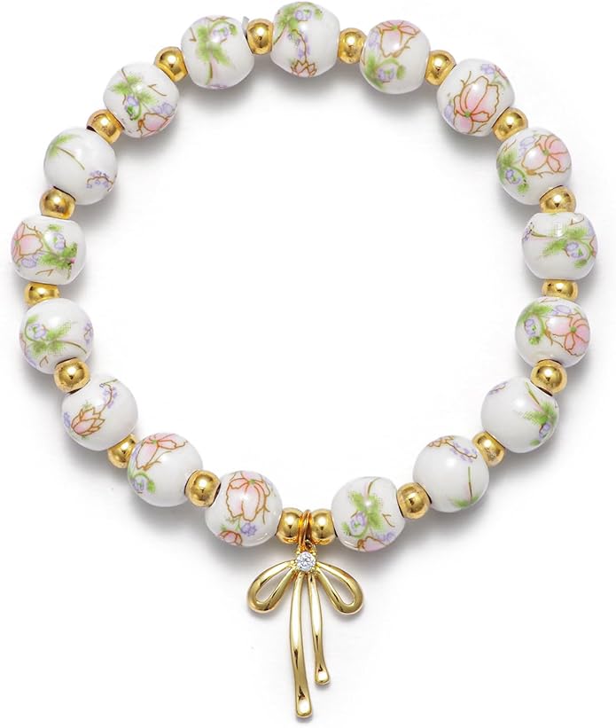 Beads Bow Charm Bracelet for Women Flower Vintage Bracelet Handmade Stretch Beaded Dainty Romantic Jewelry Gifts