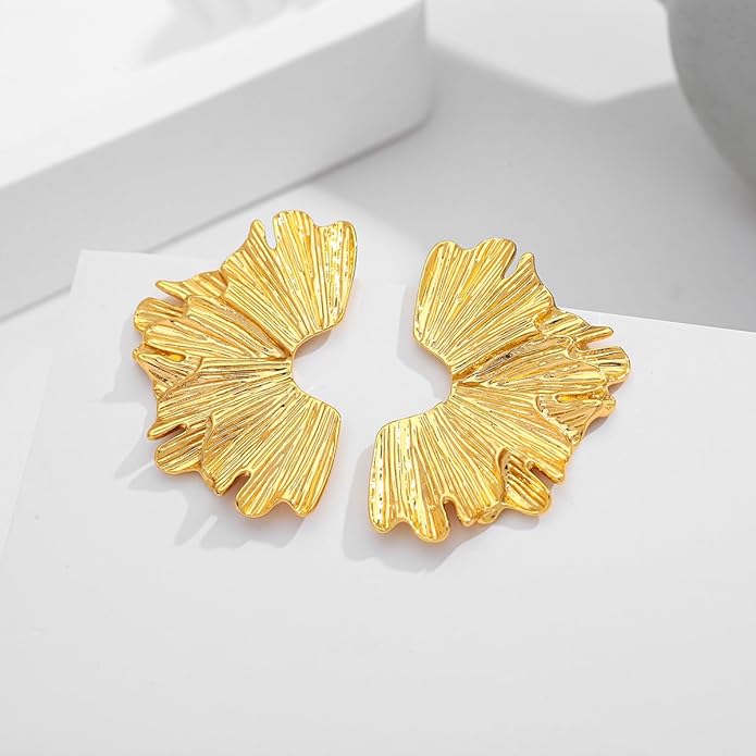 Chunky Gold Statement Earrings For Women Gold Plated Sectored Flower Leaf Shell Angel Wing Earrings Trendy Boho Jewelry For Women Large Stud Earrings Hypoallergenic Earrings