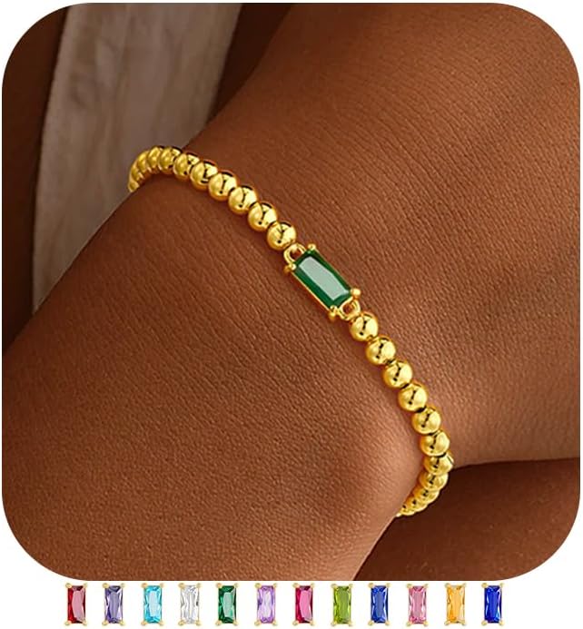 Yoosteel Valentines Gifts for Her Kids Girls - Valentines Day Bracelets Dainty Birthstone Bracelet for Women Elastic 14K-Gold-Plated Bead Bracelets Trendy Friendship Birthday Jewelry Gift for Teenage Girl Women