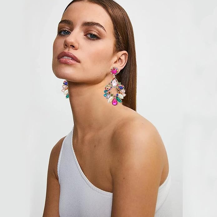Fashion Rhinestone Statement Drop Dangle Earrings Large Colorful Crystal Chandelier Earrings for Women Bridal Wedding Party Prom