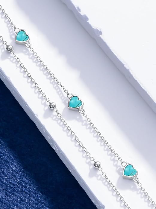 Birthstone Anklet/Bracelets for Women 925 Sterling Silver Charm Link Double Strand Heart Birthstone Jewelry Gift for Wife Women Mother's Day Gift