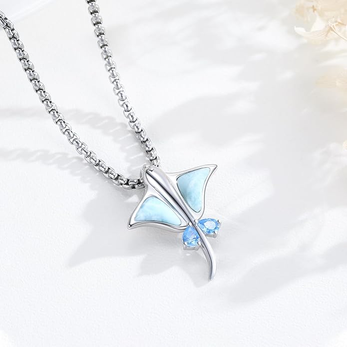 Midir&Etain Ocean Necklace 925 Sterling Silver Blue Opal Necklace Starfish/Flip Flop/Shark Pendant Beach Ocean Jewelry for Women
