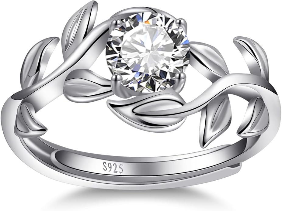 Adjustable Women Leaf|Wheat Grain|Filigree Ring 925 Sterling Silver Created Ruby|Sapphire|Cubic Zirconia Engagement Ring for Women Promise Wedding Ring Anniversary Valentines Open Size 5-9