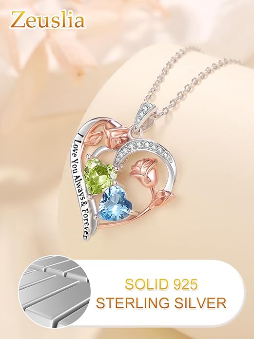 Valentine's Day Gifts for Wife 925 Sterling Silver Double Birthstone Pendant Necklaces I Love You for Always and Forever Necklace Anniversary Birthday Gifts for Wife Girlfriend Mom Her