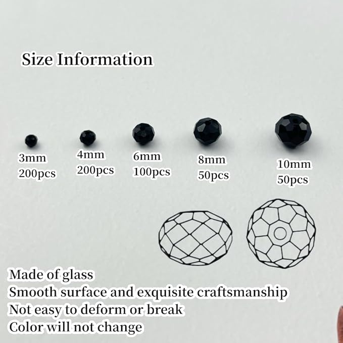 600pcs Crystal Glass Beads 3mm 4mm 6mm 8mm 10mm Rondelle Faceted Crystal Beads Spacer Beads for Necklace Bracelet Earrings DIY Jewelry Crafts Making Supplies(Black)