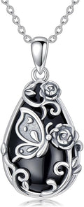 Black Onyx Necklace 925 Sterling Silver Flower Insect Pendant Teardrop Onyx Jewelry Valentines Day Birthday Gifts for Women