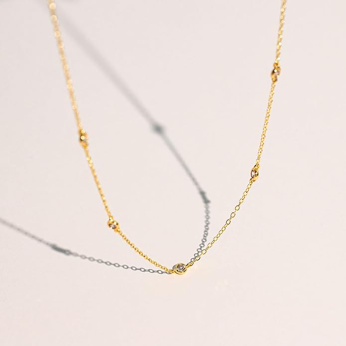 VRIUA Necklaces for Women - 14K Gold/Silver Plated Dainty Chain Necklace with Five Charms: Diamond, Bow, Snowflake, Cross, Flower, Clover, Butterfly, Heart, Star of David, and Star Trendy Jewelry