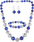 PEARL&CLUB Beaded Chunky Statement Necklace Earring and Bracelet Set Silver Metal Bead Fashion Jewelry Set Mothers’ Day Gifts for Women