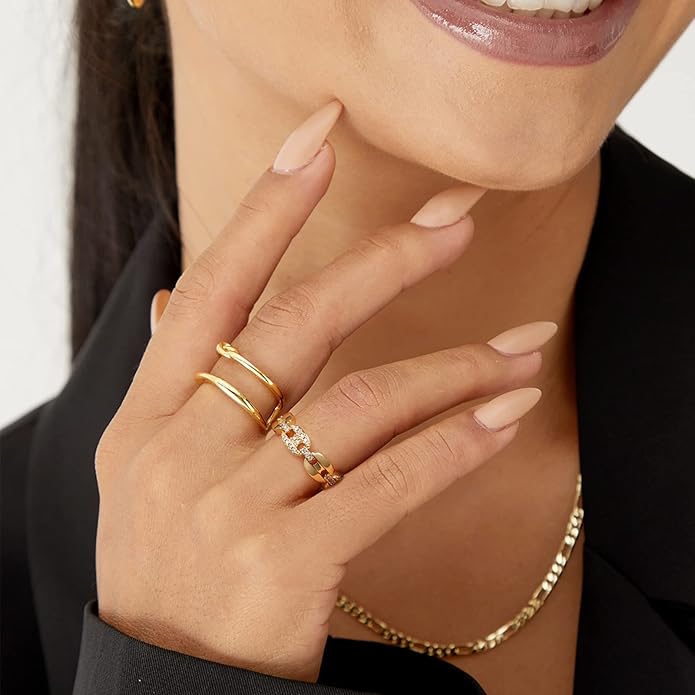 KissYan Gold Rings for Women, 14K Gold Plated Adjustable Statement Irregular Geometric Diamond Twisted Open Stackable Band Chunky Finger Rings Dainty Cubic Zirconia Jewelry Gifts