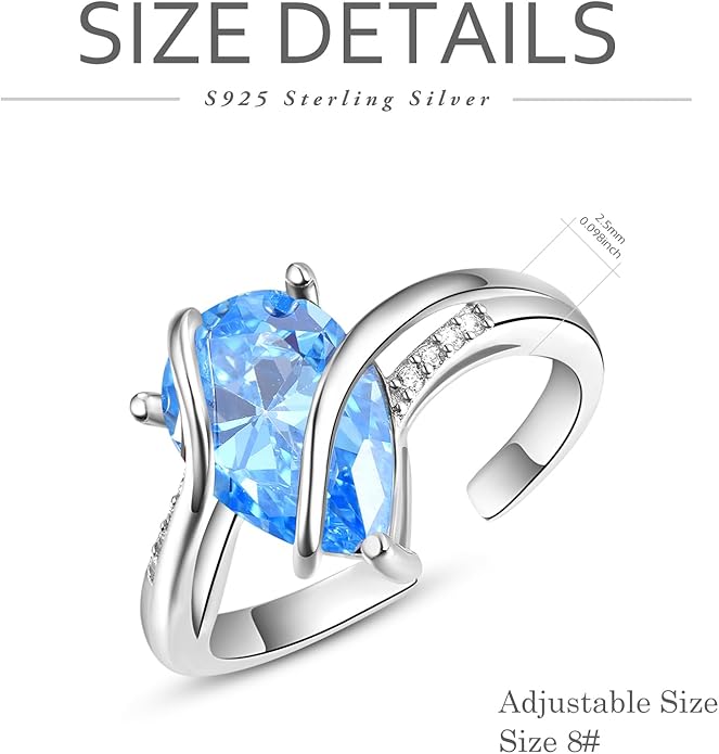 KINGWHYTE Adjustable Rings for Women Teardrop Pear Ring 925 Sterling Silver 0.85ct Teardrop Cubic Zirconia Open AdjustableThumb Ring for Women