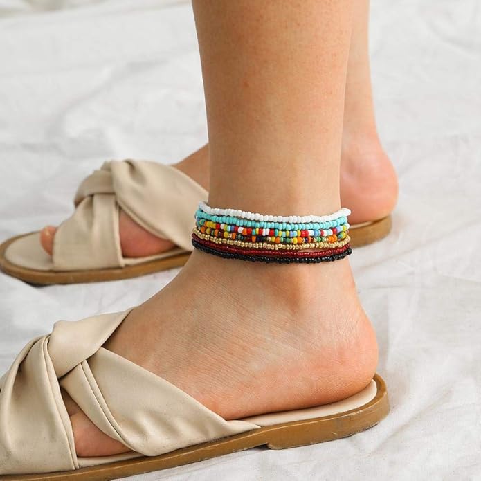 XIJIN 18 Pieces Elastic Beaded Anklets for Women Handmade Beach Boho Colorful Beads Ankle Bracelets Set