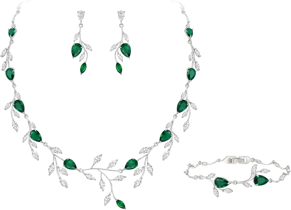EVER FAITH Wedding Jewelry for Bride Women Bridesmaid, Sparkly Cubic Zirconia Pear-Shaped Birthstone Leaf Necklace Earrings Set for Prom