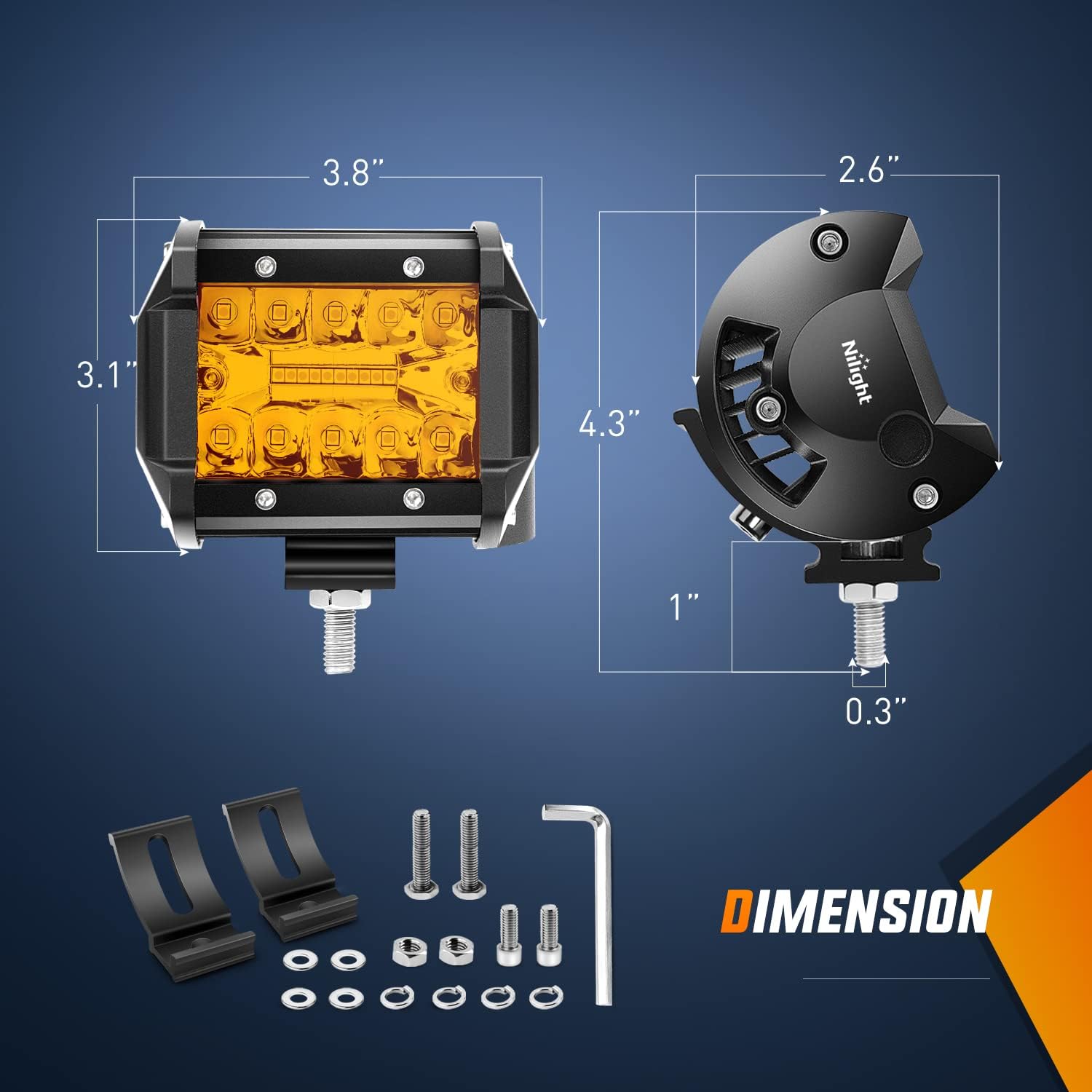Nilight 2PC 4Inch Amber Led Pods Triple Row 60W Flood Spot Combo Driving Fog Lights with 16AWG Wiring Harness-2 Leads for Offroad Pickup Trucks Jeep ATV UTV SUV, 2 Years Warranty