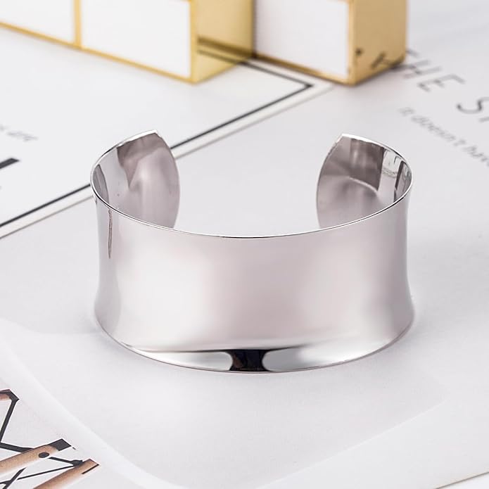 Dankadi Women 925 Sterling Silver Curved Bangle 30MM Wide Grooved Cuff Bangle Shiny Punk Open Bracelet Adjustable Plated 24k Gold/Rose Gold Jewelry Gift