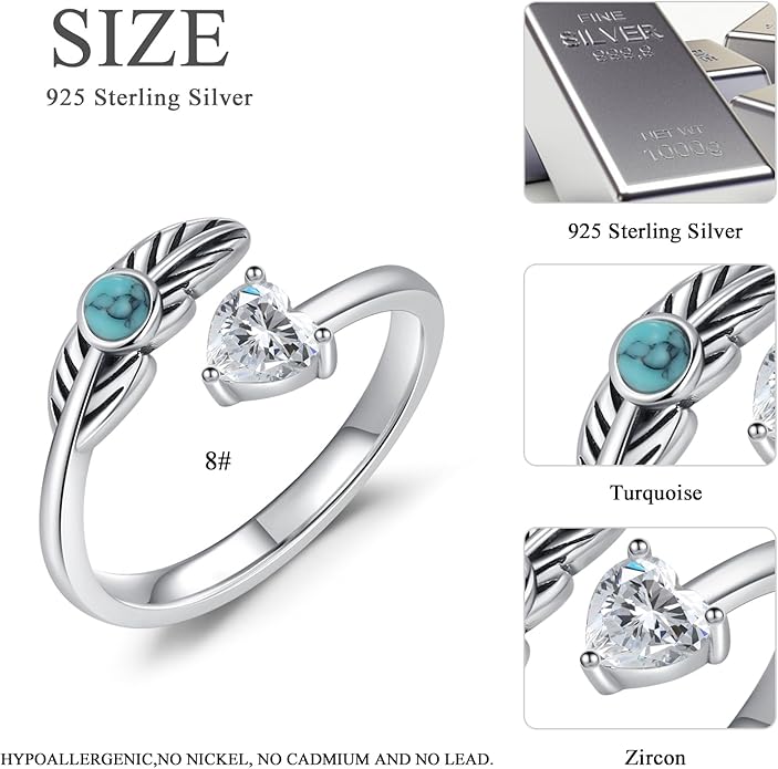 Turquoise/Moss Agate/Moonstone/Black Onyx/Lapis Lazuli/Labradorite/Tiger Eye Feather Ring 925 Sterling Silver Adjustable Ring Western Thumb Rings Vintage Jewelry Gifts for Women
