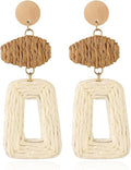 Handmade Raffia Hoop Earrings Statement Tropical Bohemian Straw Dangle Earrings Natural Rattan Vacation Style Round Earrings for Women Summer Beach Party Essential Jewelry