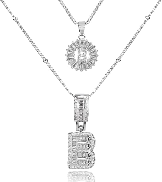 Initial Letter Necklace for Women 14k White Gold Silver Plated Dainty Necklaces Trendy Chunky Custom Layered Necklace Set Personalized Round Circle Zirconia A-Z Letter Chain Pendant Jewelry Gift
