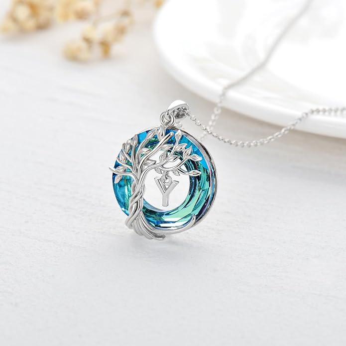 TOUPOP Gifts for Women Tree of Life Necklace 925 Sterling Silver Initial Pendant Family Tree Crystal Jewelry Valentine's Day Birthday Gifts for Her Mom Wife Girlfriend Daughter