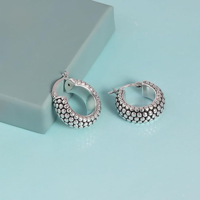 LeCalla 925 Sterling Silver Bali-Style Hoop Earrings Lightweight Click-Top Antique Two-Tone Beaded Italian Bali Style Earring Hoops for Women
