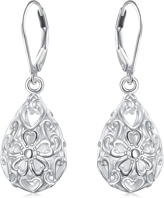 925 Sterling Silver Filigree Dangle Drop Earrings Daisy/Lotus/Rose Flower/Moonstone Leverback Teardrop Earrings for Women Infinity Celtic Knot Daisy Lotus Jewelry for Mothers Day