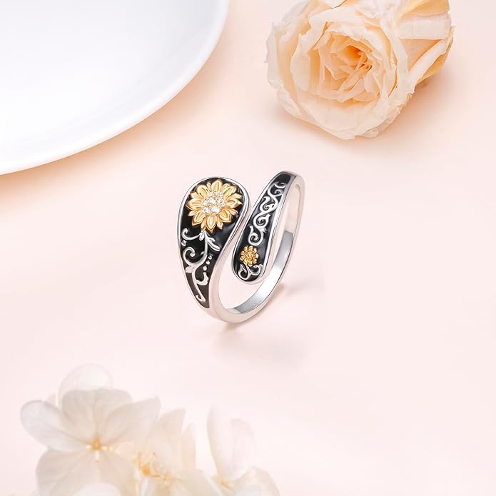 FLYOW Sterling Silver Sunflower Spoon Ring Victorian Style Boho Antique Flower Adjustable Open Ring Retro Statement Cubic Zirconial/Turquoise/Oxidized Thumb Rings for Women Birthday Christmas Jewelry