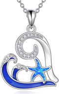 Starfish Necklace 925 Sterling Silver Wave Pendant Blue Opal Starfish Ocean Necklace Jewelry Beach Themed Gifts for Women