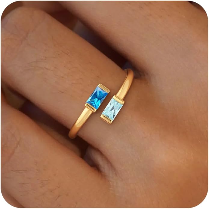 Honsny Gold Birthstone Rings for Women Non Tarnish 14K Gold Plated Adjustable Emerald Ring Cubic Zirconia Gemstone Promise Ring for Her Engagement Personalized Waterproof Jewelry Gifts for Birthday