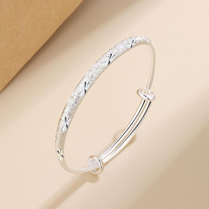 Solid 925 Sterling Silver Bracelets for Women Simple Adjustable Bangle Bracelet