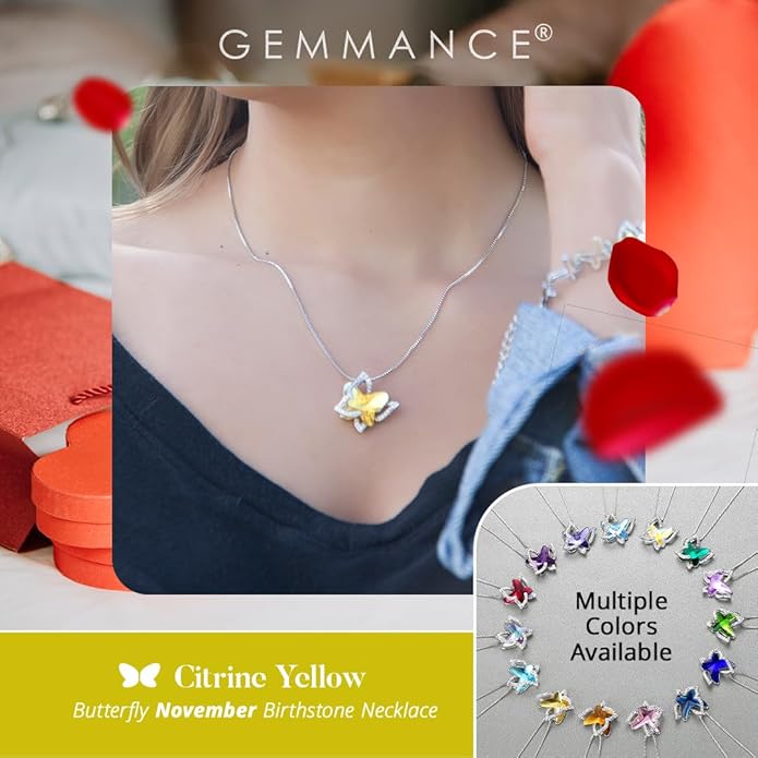 Valentine's Day Gift Butterfly Birthstone Crystal Necklace, Silver Tone with 18”+2” Chain, Necklace for Mother’s Day Anniversary Birthday Gifts for Women and Daughter