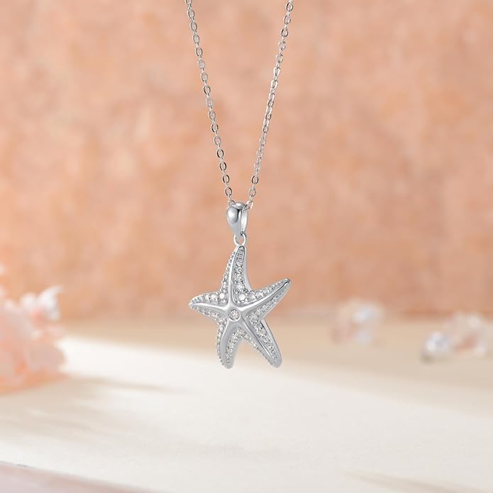 MONGAS Starfish Necklace for Women 925 Sterling Silver Starfish Pendant Beach Ocean Necklace Jewelry for Women