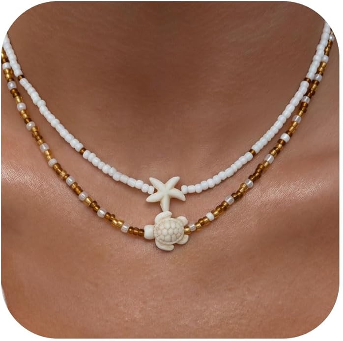 Women's Shell Starfish Boho Layered Beaded Necklace Choker for Summer Beach Vacation Gifts for Birthday/Anniversary/Christmas