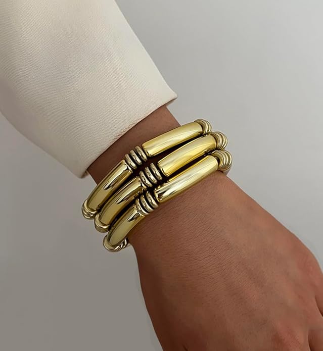 iF YOU 6pcs Chunky Acrylic Bangle Bracelets for Women, Resin Bamboo Brown Stretchy Bracelet Stack, Fashion Jewelry for Women