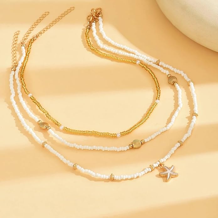 Shell Starfish Necklace for Women, 14k Gold Plated Boho Layered Beaded Charm Pendant Necklace, Dainty Adjustable Pearl Conch Summer Beach Vacation Jewelry Gifts