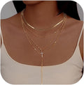Evabelle Gold Layered Necklace for Women Trendy Jewelry 14K Real Gold Plated Chunky Chain Stackable Necklaces Dainty Choker Necklaces Rectangle Square Pendant