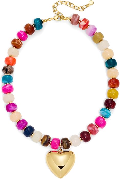 Gold Heart Pendant Necklaces for Women Colorful Acrylic Resin Beaded Choker Necklace Fashion Chunky Statement Beaded Heart Necklace