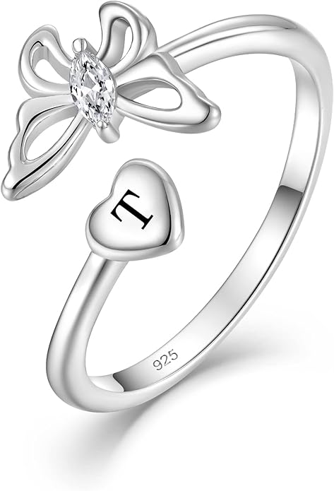 STARCHENIE Butterfly Initial Ring for Women 925 Sterling Silver Letters A-Z 26 Alphabet Adjustable Ring Size 7