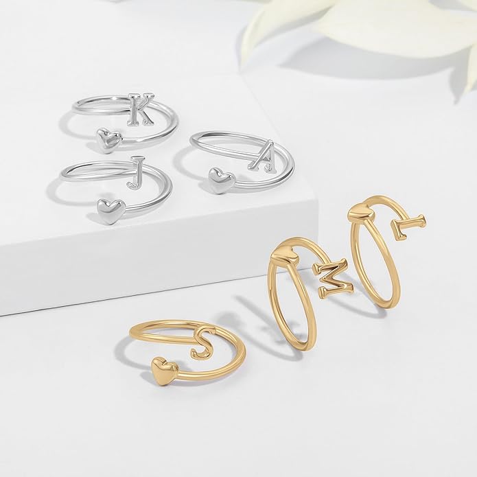 Initial Rings for Women Girls - Valentines Day Gifts for Her, Adjustable Rings for Women Non Tarnish Letter A-Z Dainty Heart Ring Teen Girls Gifts Trendy Stuff Personalized Jewelry Gift