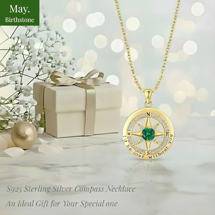 Compass Necklace for Women Wife Girlfriend Mom Daughter Gifts S925 Sterling Silver Jewelry For Anniversary Rose Gold Gifts For Birthday Christmas Mothers Valentines Day 12 Birthstones