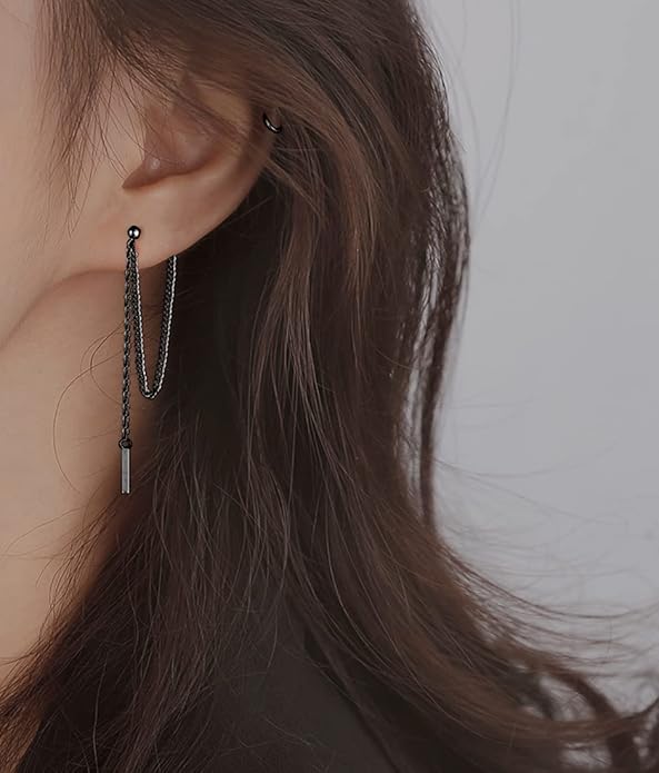 SLUYNZ Solid 925 Sterling Silver Bar Dangle Earrings for Women Minimalist Dangle Earrings Threader Chain
