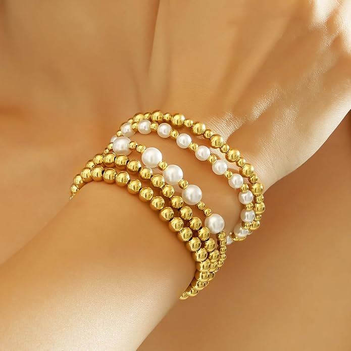 wgoud Gold Bracelets for Women - Trendy 14K Real Gold Plated Beaded Bracelet Set with Stretch Beads, Waterproof, Adjustable, Perfect Gifts