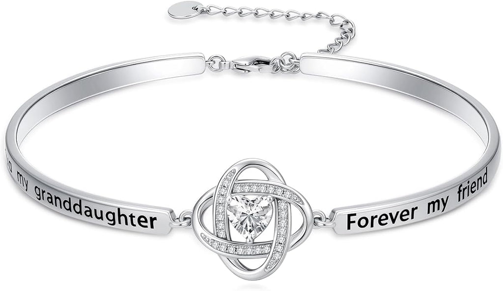 Valentines Day Gifts for Her, 18k White Gold Plated Love Knot Bracelets, Engraved Inspirational and Sentiment Bangle, Anniversary Birthday Jewelry Gift for Lover Wife Girlfriend Sister Friends