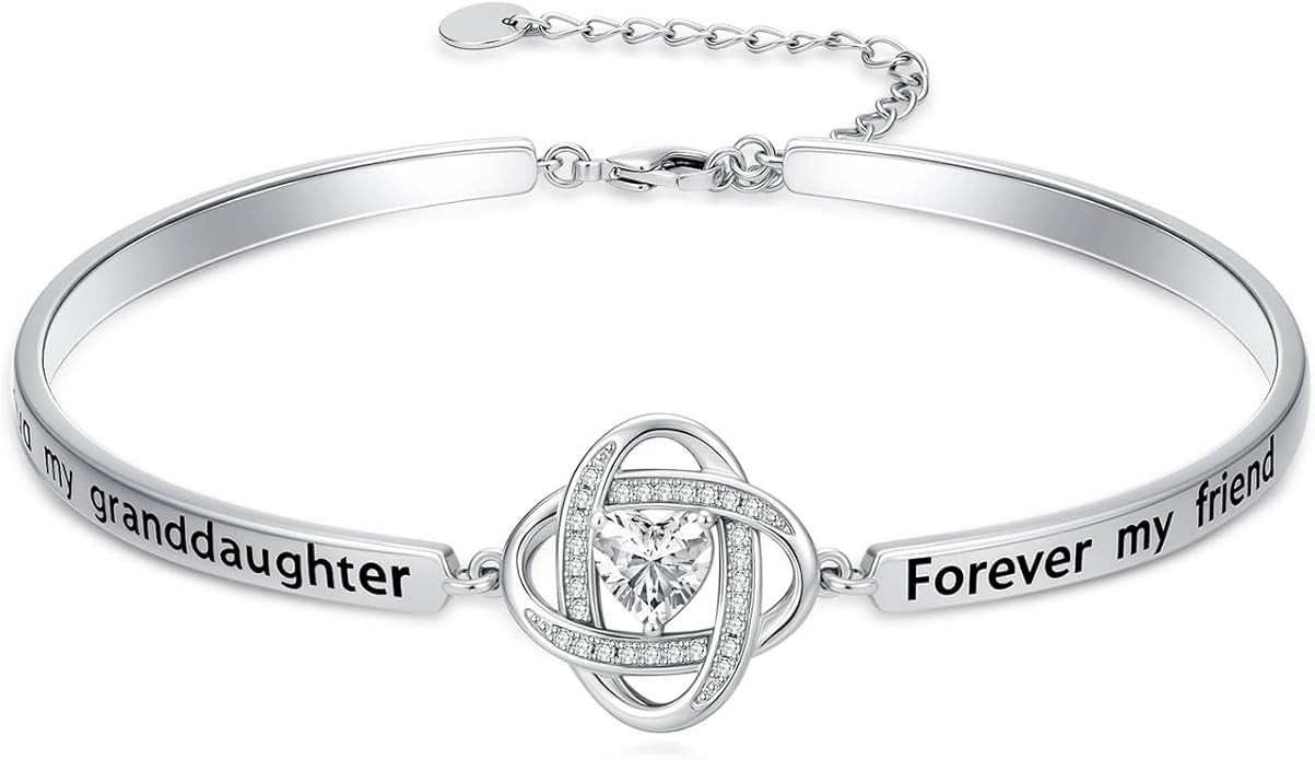 Valentines Day Gifts for Her, 18k White Gold Plated Love Knot Bracelets, Engraved Inspirational and Sentiment Bangle, Anniversary Birthday Jewelry Gift for Lover Wife Girlfriend Sister Friends