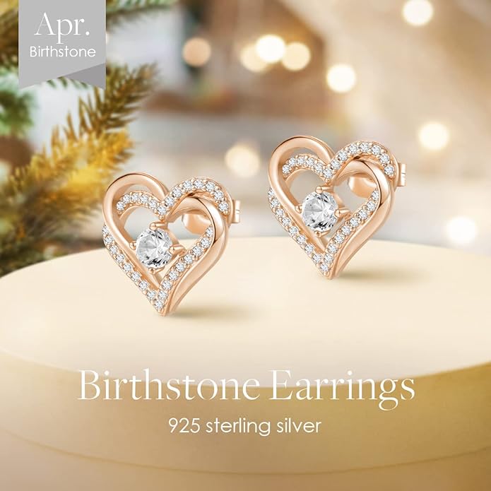 CDE Forever Love Heart Stud Earrings for Women, 925 Sterling Silver Birthstone Heart Stud Earrings Christmas Day Mother's Day Gift Anniversary Birthday Jewelry Gifts for Women Wife Her