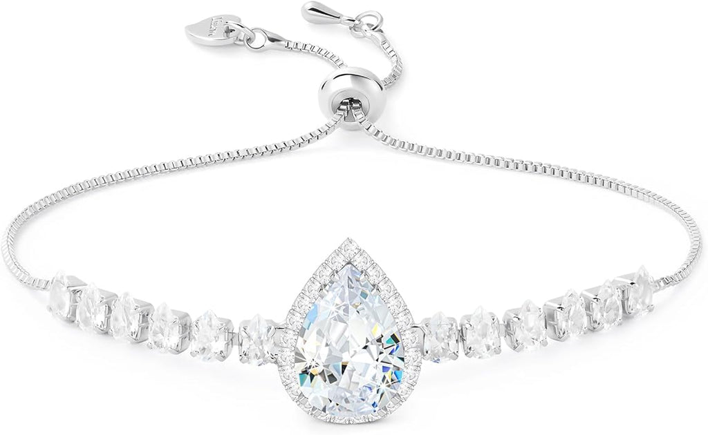 Linawe Crystal Imitation Diamond Rhinestone Charm Bracelets for Women, Gold/Silver/Rose Gold Adjustable Chain Bracelet, Teardrop Birthstone Cubic Zirconia Prom Costume Wedding Jewelry