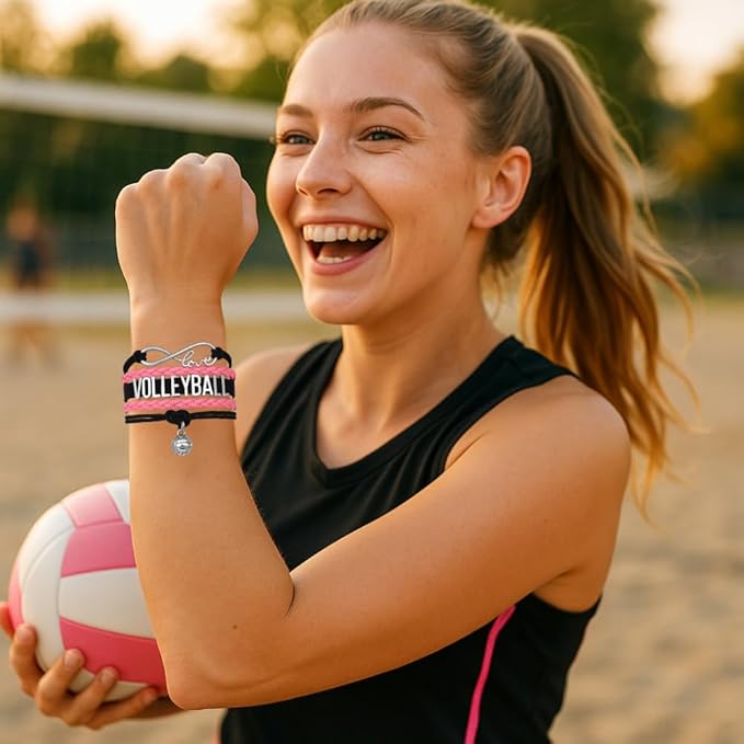 Volleyball Bracelets For Girls- Ideal Volleyball Gifts & Souvenirs. Adjustable Charm Bracelet with Moveable Letters, Infinity Symbol & Silver Volleyball Charm. Fashionable Bracelets by SportyBella.